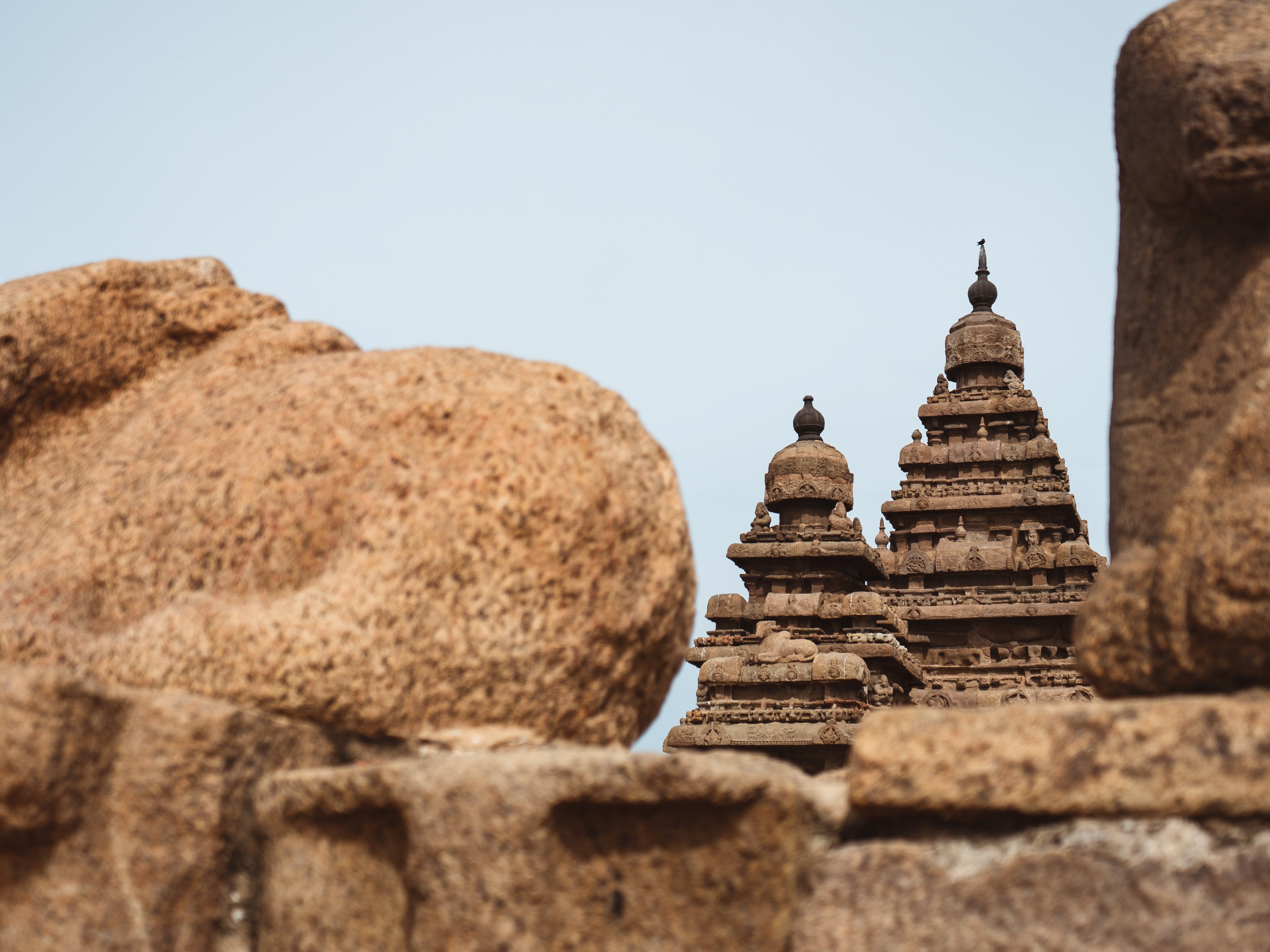 The rooftops of two Hindu temples