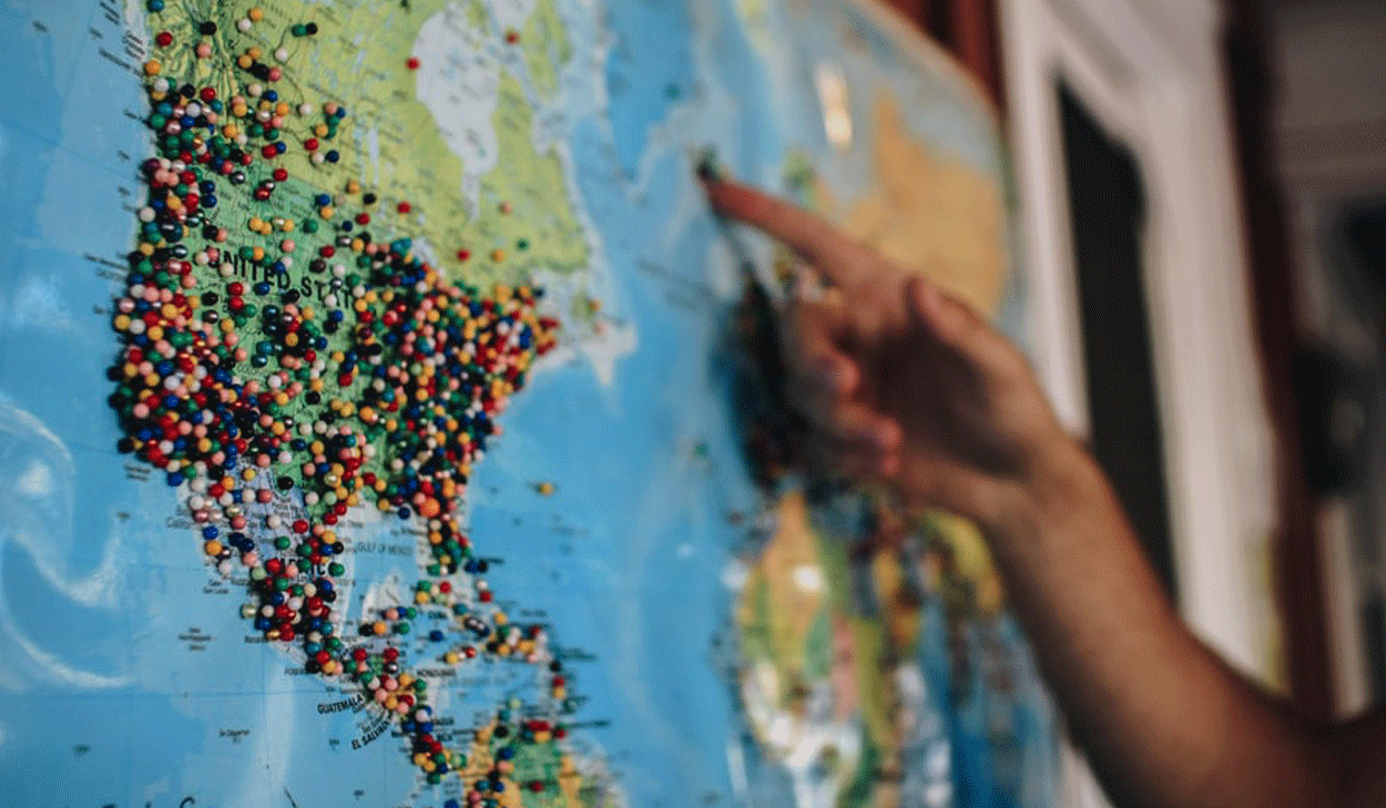 Pins on a world map